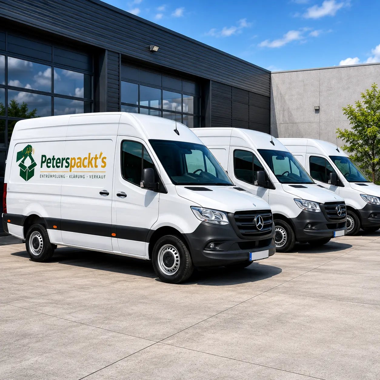 Der Fuhrpark von Peters packt's – beschriftete Transporter vor dem Firmensitz